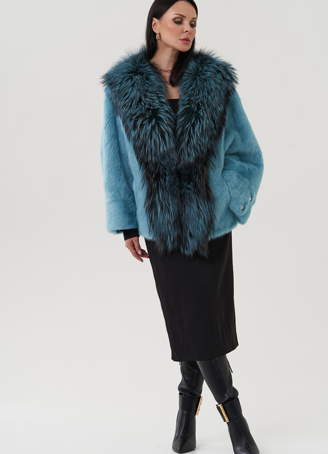 Короткая шуба из норки с мехом из чернобурки  модель № 25474 универмаг малина