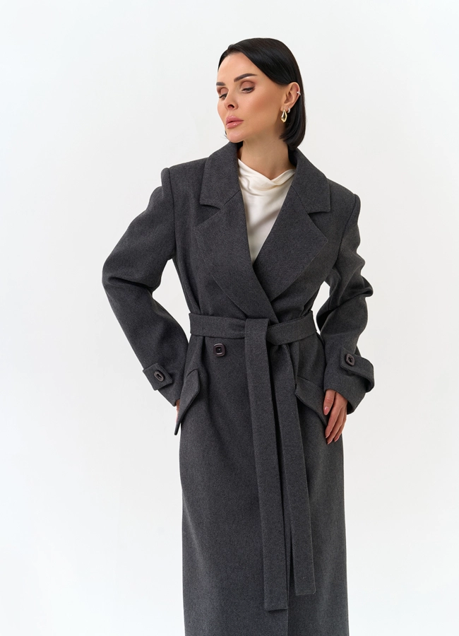 Женское длинное пальто с поясом модель № 32813 универмаг малина