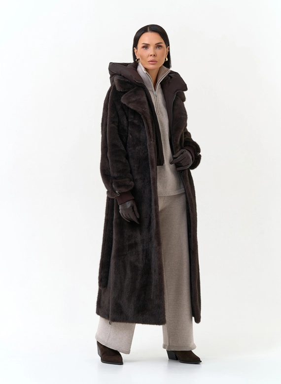 Женская шуба из эко меха со съемным капюшоном фото