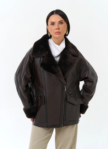 Женский пуховик из натуральной кожи фото