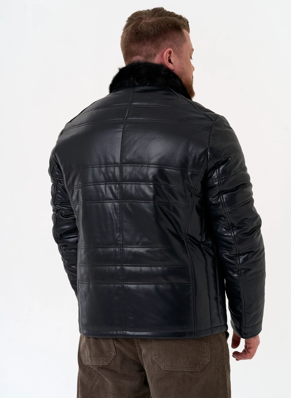 Пуховик из эко кожи с воротником стойкой