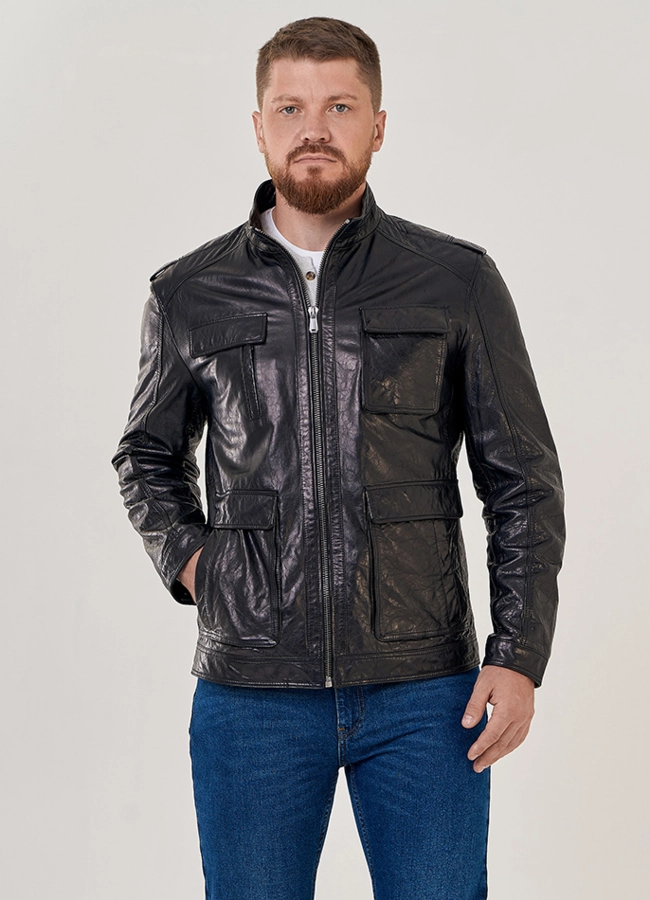Кожаная куртка с накладными карманами модель № 8055 универмаг малина