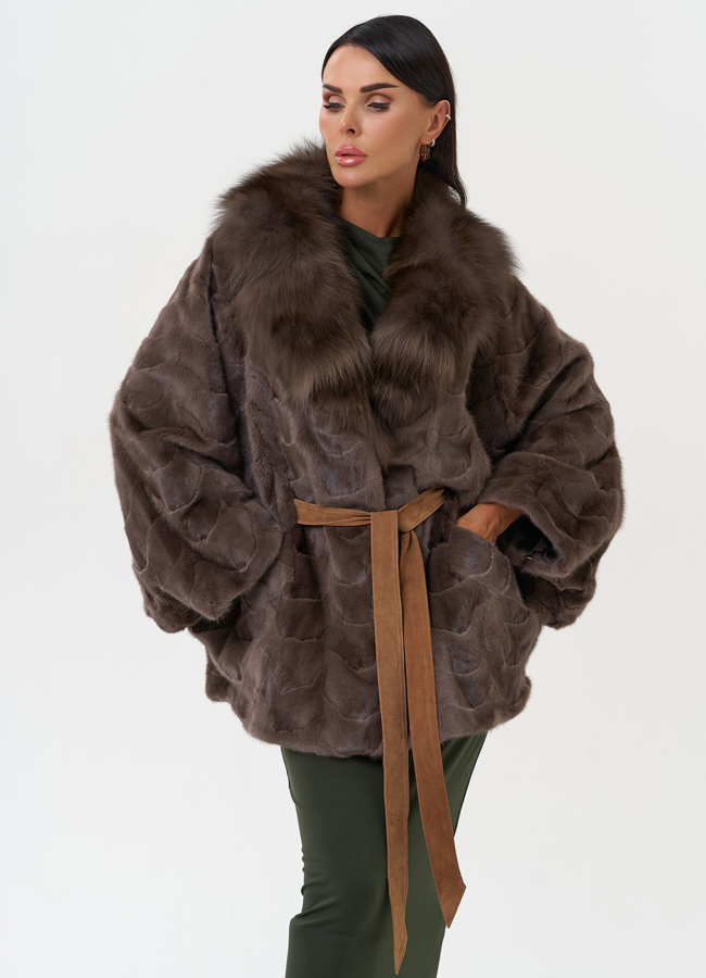 Норковая шуба с отделкой из лисы модель № 6318 универмаг малина