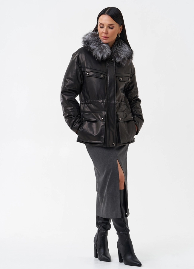Кожаный пуховик с мехом модель № 29405 универмаг малина