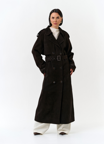 Женский длинный плащ из натуральной замши