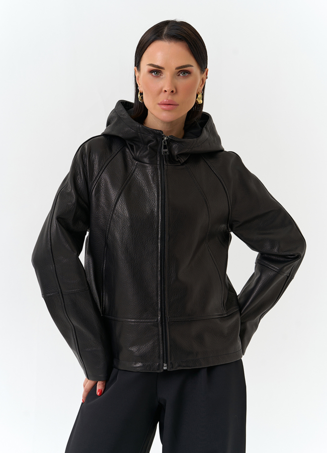 Женская куртка из натуральной кожи с капюшоном модель № 32679 меха малина