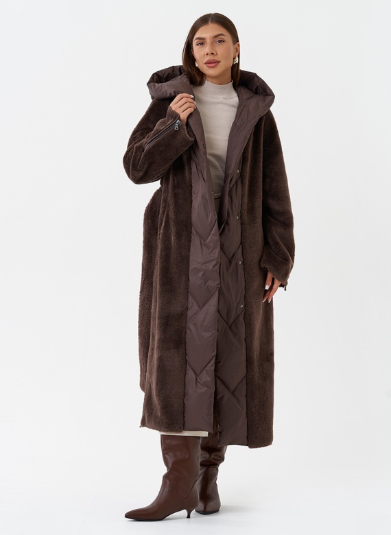 Комбинированное пальто на утеплении с капюшоном