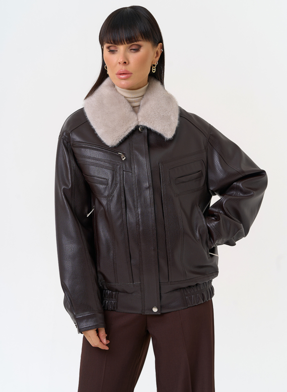 Женская утепленная куртка из эко кожи с воротником из эко меха