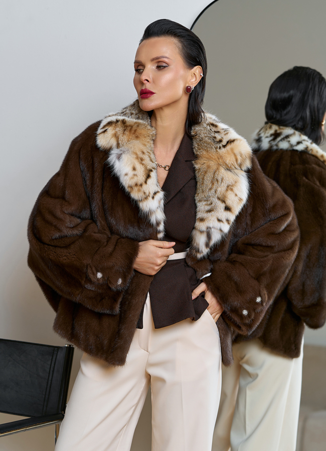 Куртка из меха норки с английским воротником из меха рыси модель № 31756 универмаг малина