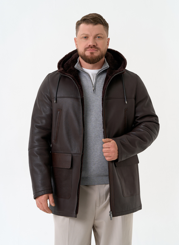 Мужская натуральная дубленка с капюшоном