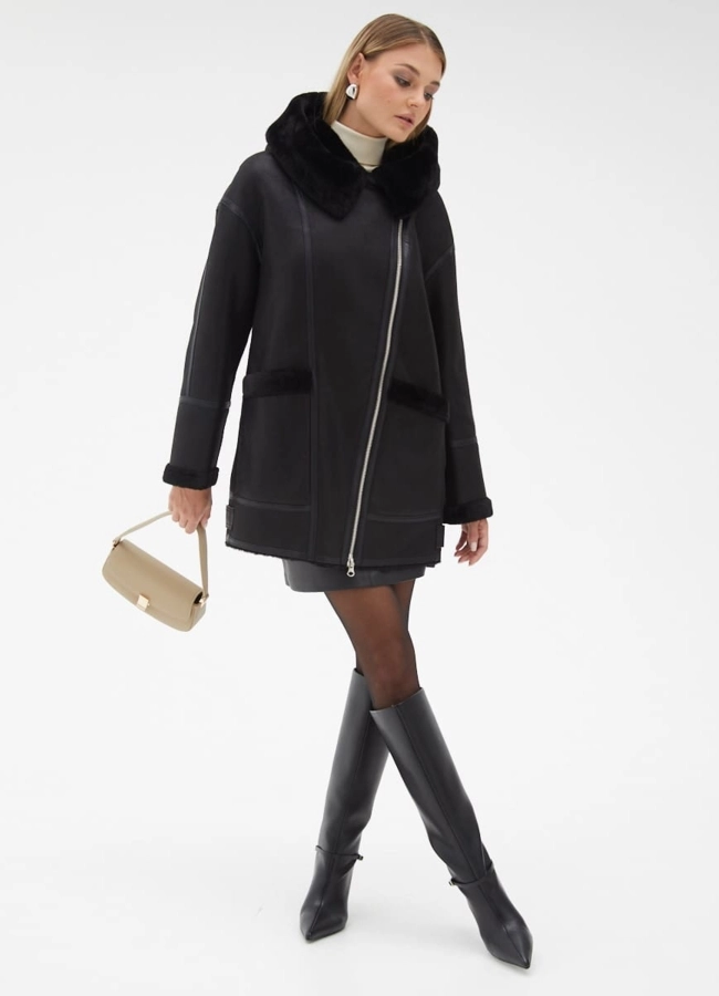 Женская удлиненная дубленка из эко кожи модель № 32022 в кредит