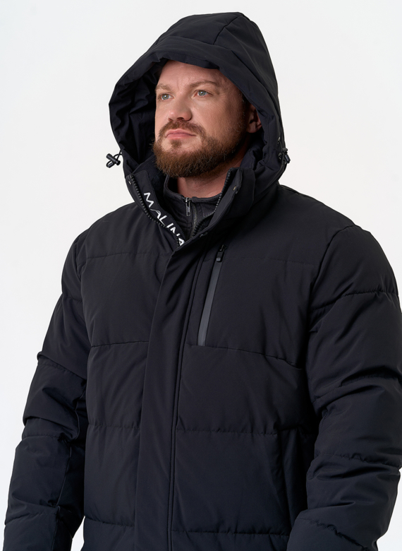 Удлиненный мужской пуховик с капюшоном