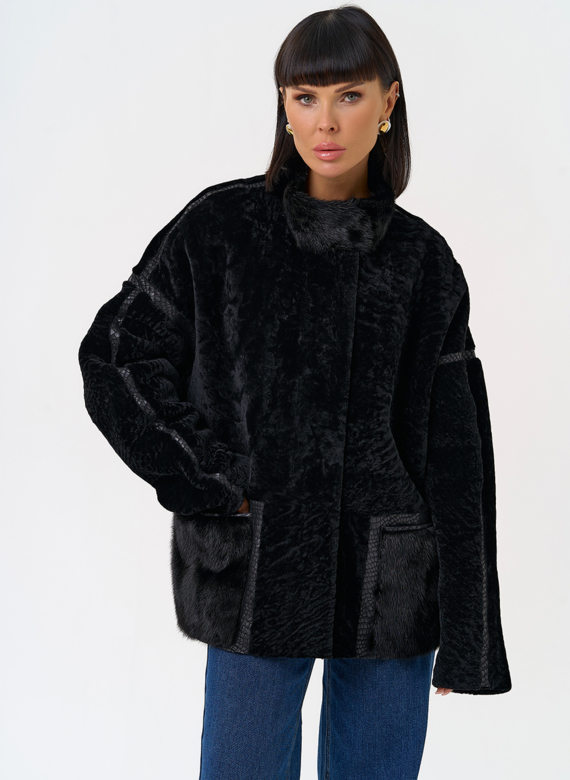 Женская двухсторонняя дубленка с воротником стойкой