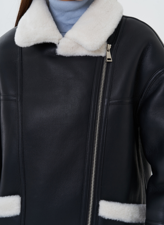 Дубленка из эко кожи черного цвета с черным эко мехом