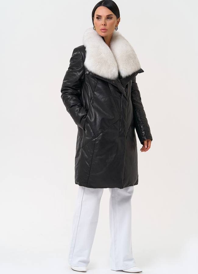 Пуховик из натуральной кожи с меховым воротником модель № 31370 универмаг малина