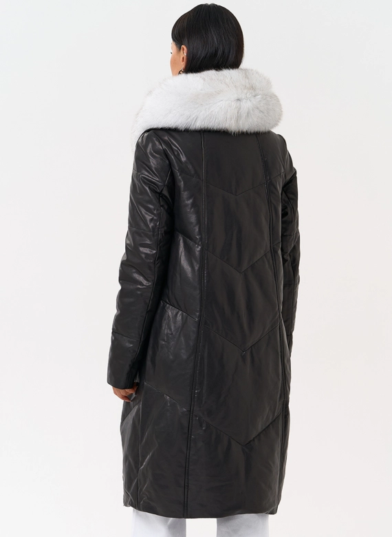 Длинный пуховик из натуральной кожи