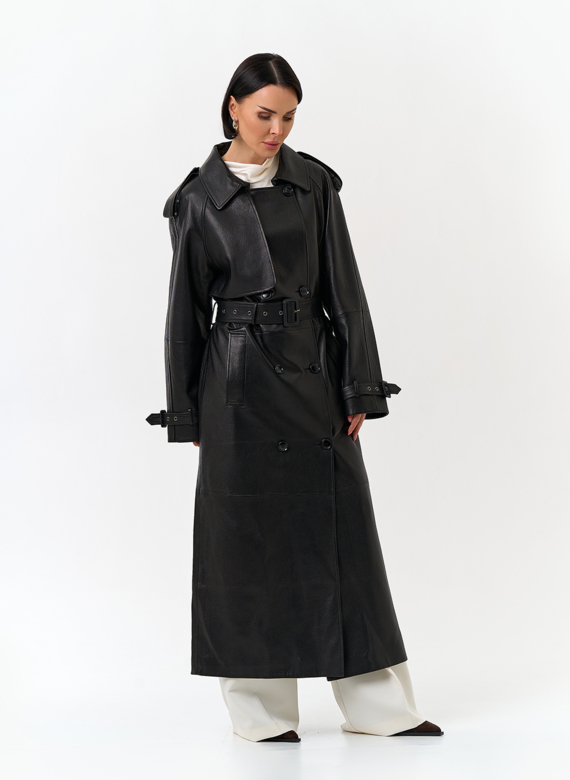 Женский длинный плащ из натуральной кожи