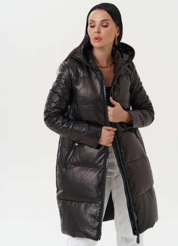 Кожаный пуховик с капюшоном