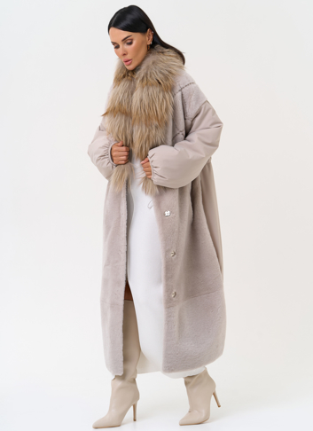 Комбинированное женское зимнее пальто с воротником из меха лисы