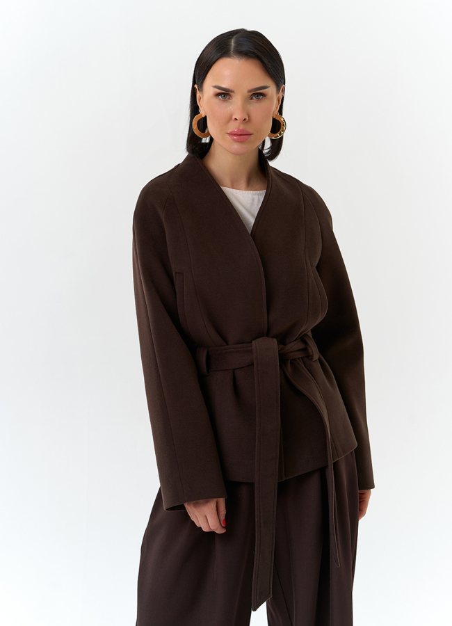 Женское укороченное пальто с поясом модель № 32688 меха малина