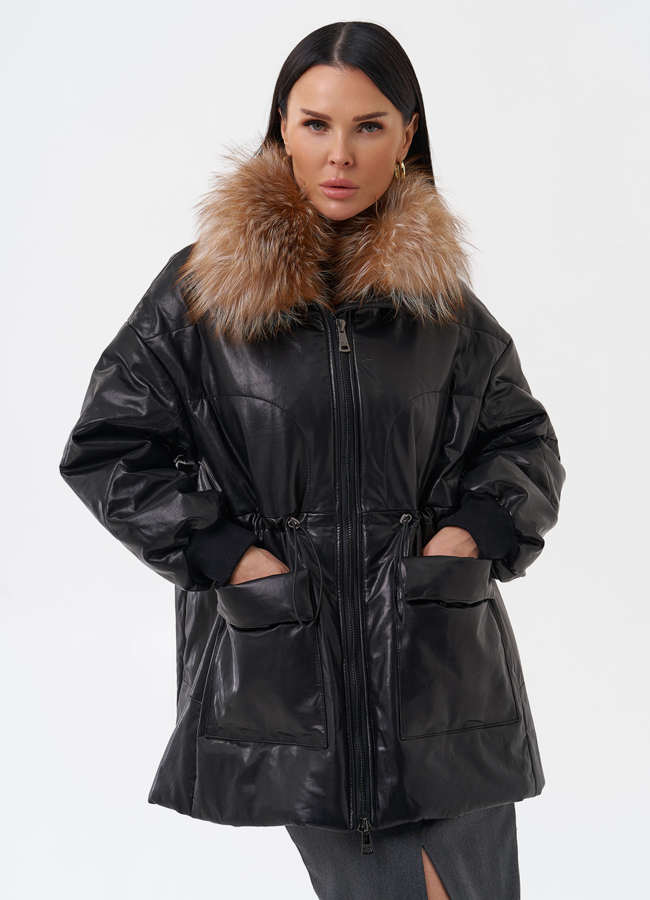 Кожаный пуховик с мехом модель № 29404 универмаг малина