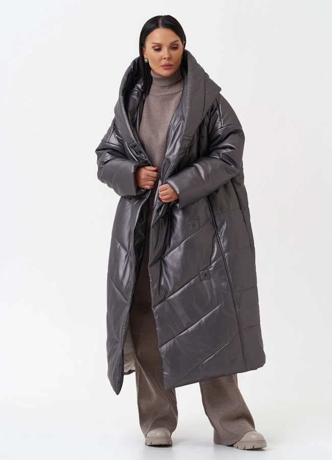 Пуховик из эко кожи с капюшоном модель № 27716 меха малина