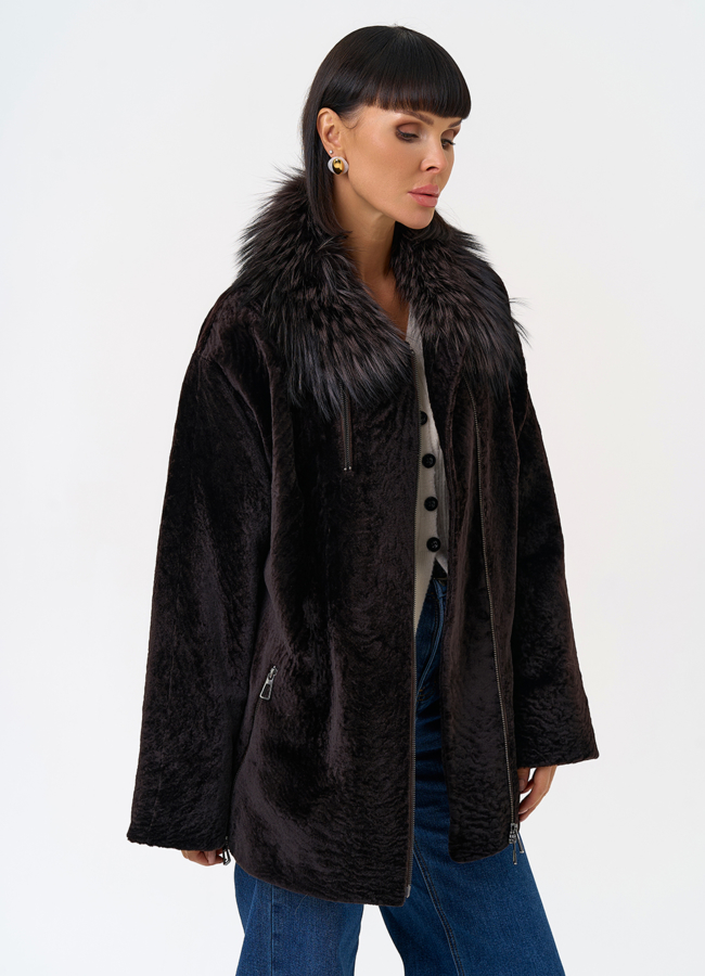 Дубленка натуральная с воротником из меха лисы модель № 31624 универмаг малина