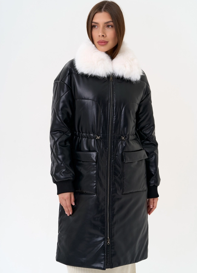 Женский пуховик из эко кожи с воротником из эко меха модель № 30724 меха малина