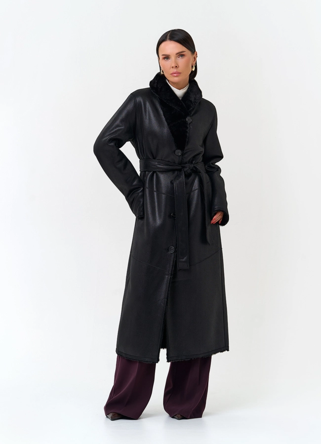 Женская удлиненная дубленка из эко замши модель № 33919 универмаг малина