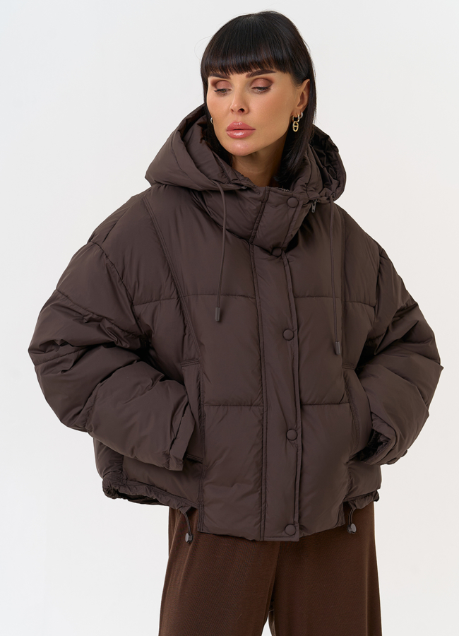 Женский короткий пуховик с капюшоном модель № 31580 меха малина