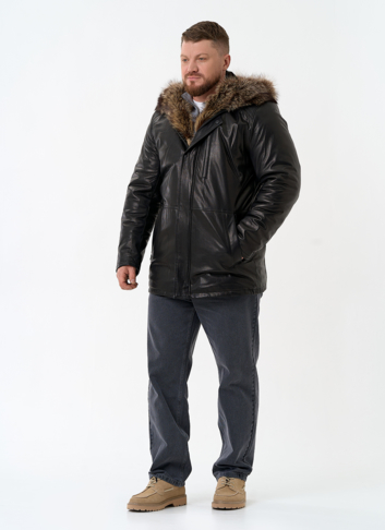 Мужская натуральная дубленка на волке с отделкой из меха енота