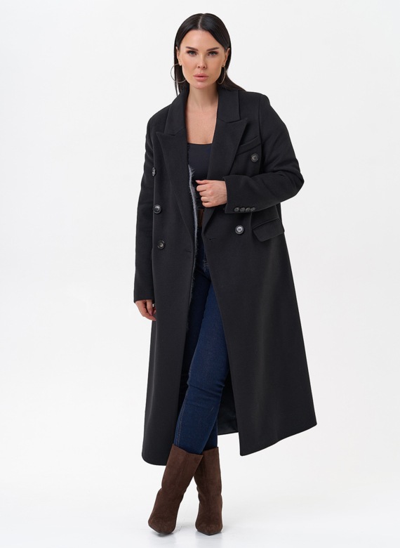 Длинное двубортное пальто с английским воротником