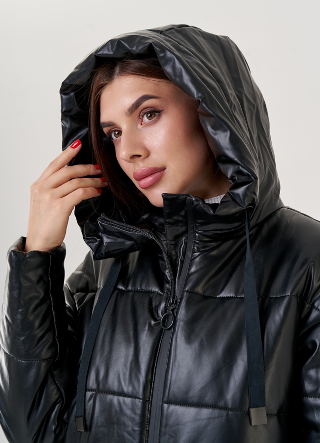 Черный пуховик Malina Siberian из искусственной кожи модель № 79132 универмаг малина
