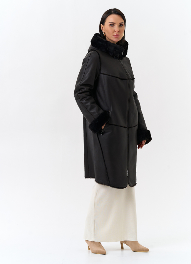 Женская натуральная дубленка с капюшоном модель № 32199 универмаг малина