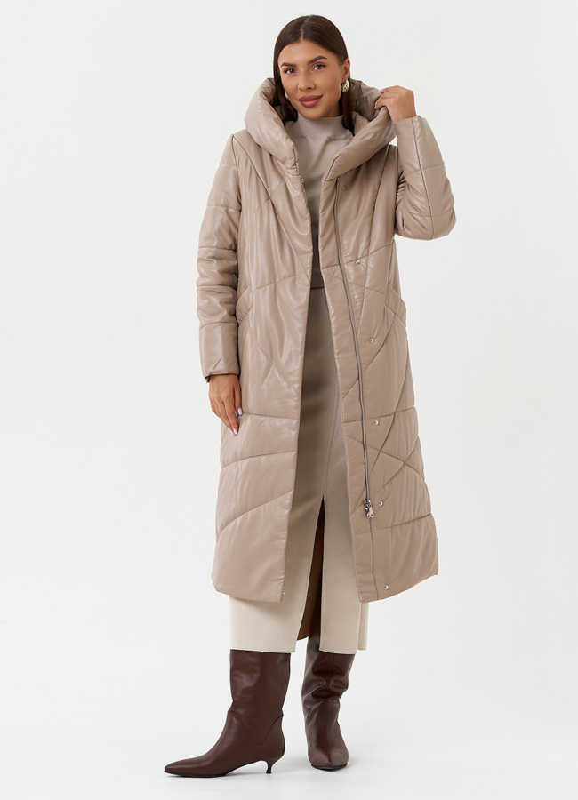 Женский пуховик из эко кожи с поясом модель № 28516 универмаг малина