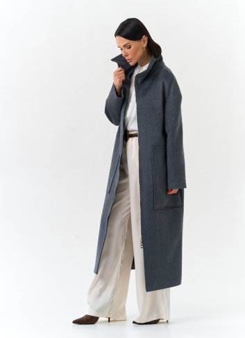 Женское длинное пальто с воротником стойкой