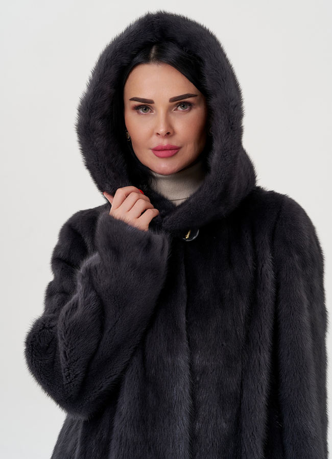 Норковая шуба балетка, в цвете графит с капюшоном модель № 25006 универмаг малина
