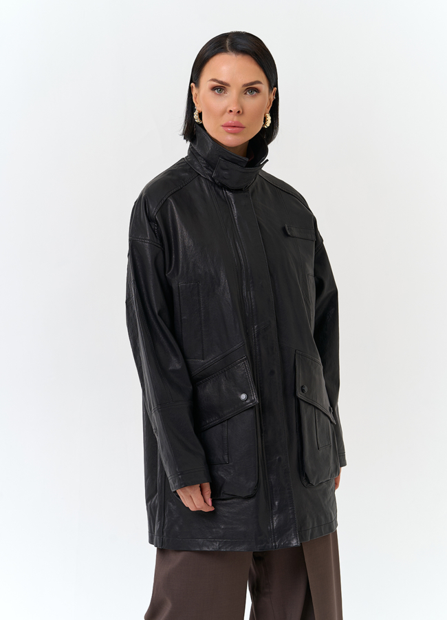 Женская удлиненная куртка из натуральной кожи модель № 32759 меха малина