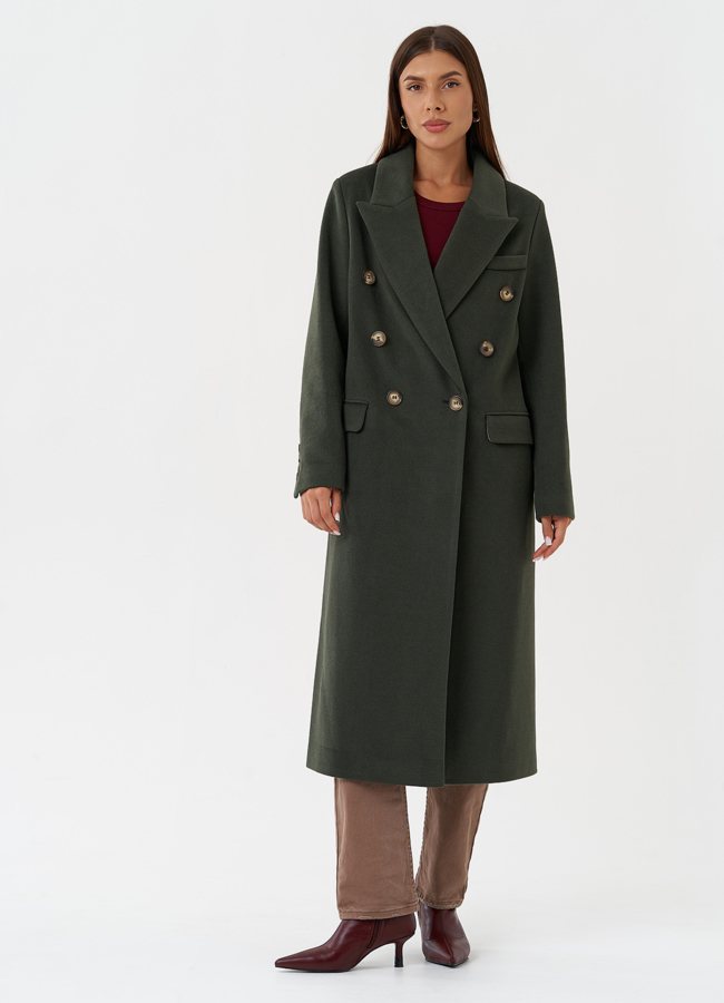 Длинное двубортное пальто с английским воротником модель № 28280 меха малина
