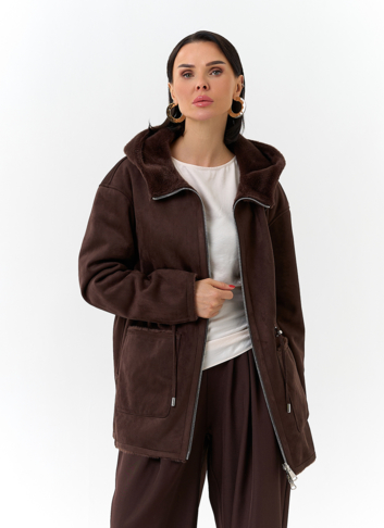 Двухсторонняя дубленка из эко замши с капюшоном